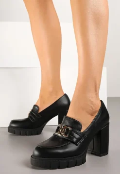 Czarne Półbuty Mokasyny na Słupku Ozdobione Aplikacją Korneliza