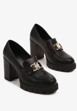 Czarne Półbuty Mokasyny na Słupku Ozdobione Aplikacją Korneliza