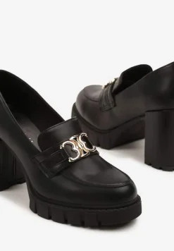 Czarne Półbuty Mokasyny na Słupku Ozdobione Aplikacją Korneliza