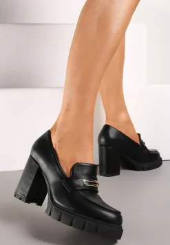 Czarne Półbuty Mokasyny na Słupku i Platformie z Minimalistyczną Ozdobą Nolwenna