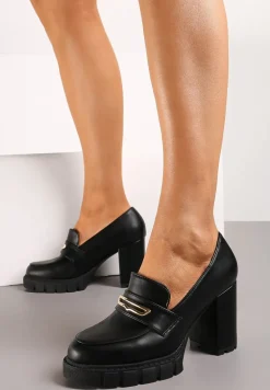 Czarne Półbuty Mokasyny na Słupku i Platformie z Minimalistyczną Ozdobą Nolwenna