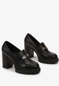 Czarne Półbuty Mokasyny na Słupku i Platformie z Minimalistyczną Ozdobą Nolwenna