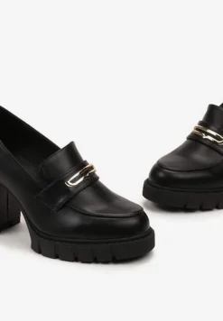 Czarne Półbuty Mokasyny na Słupku i Platformie z Minimalistyczną Ozdobą Nolwenna
