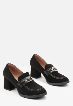 Czarne Półbuty Mokasyny na Słupku z Cyrkoniami i Ozdobą z Diamentem Elegia
