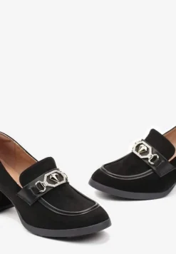 Czarne Półbuty Mokasyny na Słupku z Cyrkoniami i Ozdobą z Diamentem Elegia