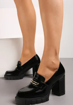 Czarne Półbuty Mokasyny na Słupku i Platformie z Wypustkami Limebia