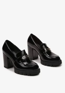 Czarne Półbuty Mokasyny na Słupku i Platformie z Wypustkami Limebia