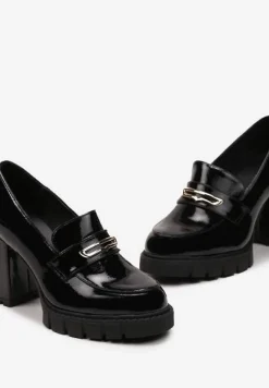 Czarne Półbuty Mokasyny na Słupku i Platformie z Wypustkami Limebia