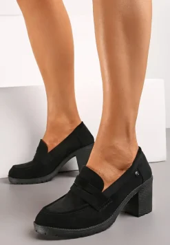 Czarne Półbuty Mokasyny z Ekozamszu na Słupku i Platformie Andarco