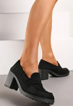 Czarne Półbuty Mokasyny z Ekozamszu na Słupku i Platformie Andarco