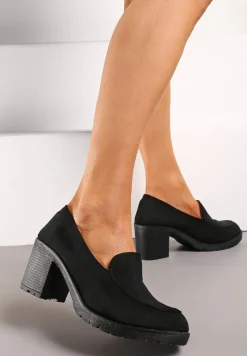 Czarne Półbuty Mokasyny z Imitacji Zamszu na Słupku z Niską Platformą Lndine