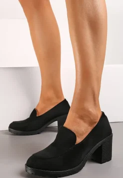 Czarne Półbuty Mokasyny z Imitacji Zamszu na Słupku z Niską Platformą Lndine