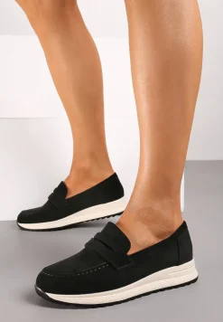 Czarne Półbuty Mokasyny z Wkładką ze Skóry Naturalnej na Grubej podeszwie Teralee