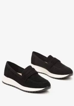 Czarne Półbuty Mokasyny z Wkładką ze Skóry Naturalnej na Grubej podeszwie Teralee