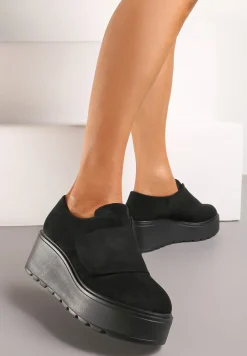 Czarne Półbuty na Koturnie z Platformą i Zapięciem na Rzep Weara