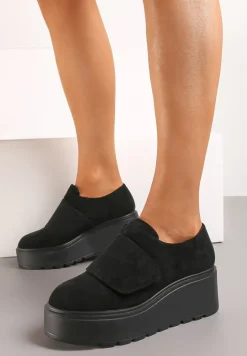 Czarne Półbuty na Koturnie z Platformą i Zapięciem na Rzep Weara
