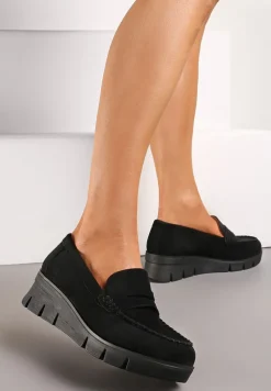 Czarne Półbuty na Koturnie z Protektorem z Wkładką ze Skóry Naturalnej Zerelia