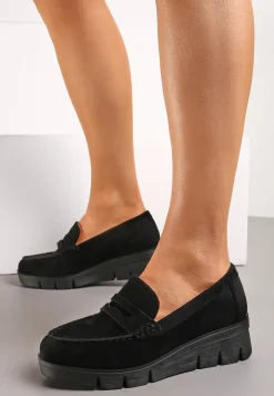 Czarne Półbuty na Koturnie z Protektorem z Wkładką ze Skóry Naturalnej Zerelia