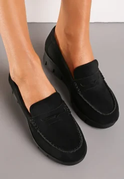 Czarne Półbuty na Koturnie z Protektorem z Wkładką ze Skóry Naturalnej Zerelia