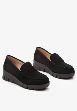 Czarne Półbuty na Koturnie z Protektorem z Wkładką ze Skóry Naturalnej Zerelia