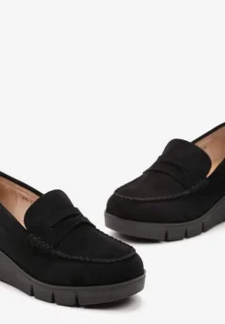 Czarne Półbuty na Koturnie z Protektorem z Wkładką ze Skóry Naturalnej Zerelia