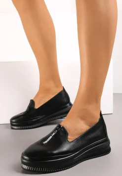 Czarne Półbuty na Koturnie i Platformie z Wkładką ze Skóry Naturalnej Mallrces