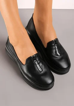 Czarne Półbuty na Koturnie i Platformie z Wkładką ze Skóry Naturalnej Mallrces