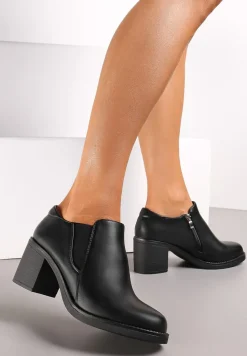 Czarne Półbuty na Niewysokim Słupku z Okrągłym Noskiem Temsha