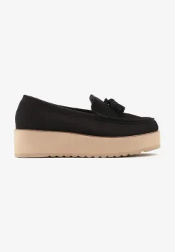 Czarne Półbuty na Niskiej Platformie z Przeszyciami i Ozdobnymi Chwostami Hiela