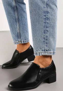 Czarne Półbuty na Niskim Obcasie z Suwakami Vovella