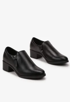 Czarne Półbuty na Niskim Obcasie z Suwakami Vovella