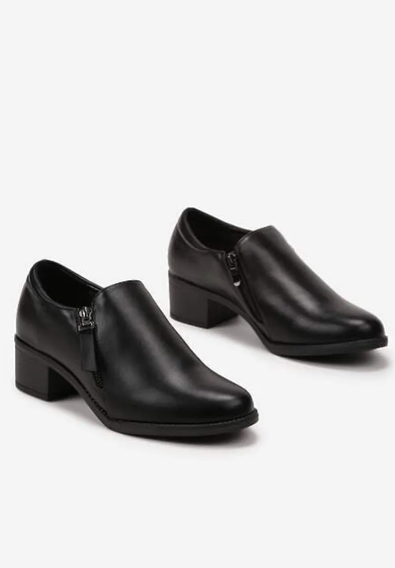 Czarne Półbuty na Niskim Obcasie z Suwakami Vovella