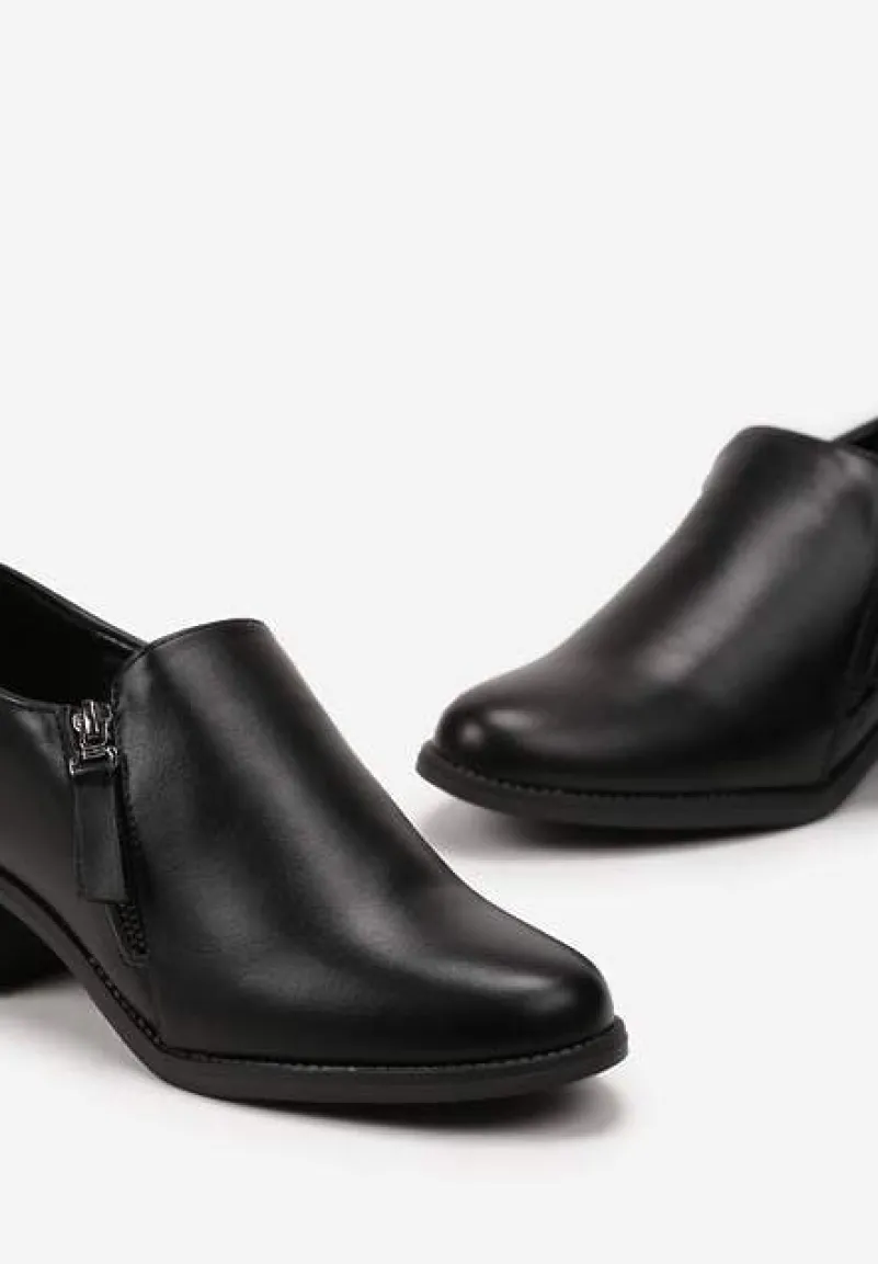 Czarne Półbuty na Niskim Obcasie z Suwakami Vovella