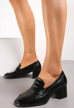 Czarne Półbuty na Niskim Słupku z Ozdobnym Paskiem i Kwadratowym Noskiem Porride