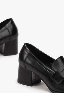 Czarne Półbuty na Niskim Słupku z Ozdobnym Paskiem i Kwadratowym Noskiem Porride