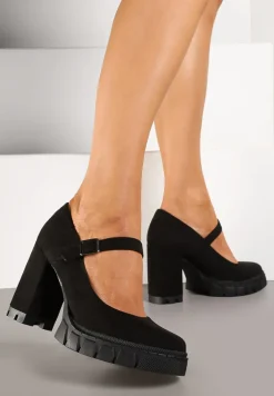 Czarne Półbuty na Obcasie Typu Słupek z Grubą Podeszwą i Zapięciem na Klamerkę Riandora