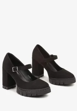 Czarne Półbuty na Obcasie Typu Słupek z Grubą Podeszwą i Zapięciem na Klamerkę Riandora
