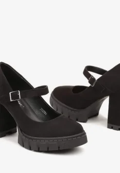 Czarne Półbuty na Obcasie Typu Słupek z Grubą Podeszwą i Zapięciem na Klamerkę Riandora