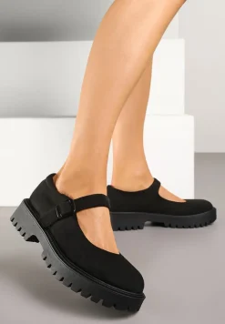 Czarne Półbuty na Płaskiej Podeszwie Mary Jane ze Skórzaną Wkładką Isolantha