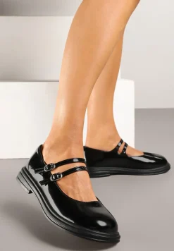 Czarne Półbuty na Płaskiej Podeszwie Ozdobione Sprzączkami i Paskami Erilin