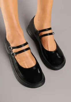 Czarne Półbuty na Płaskiej Podeszwie Ozdobione Sprzączkami i Paskami Erilin