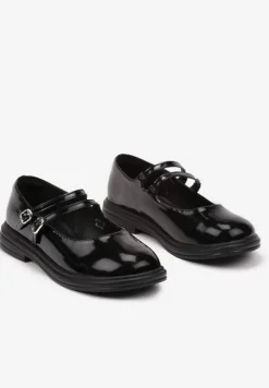 Czarne Półbuty na Płaskiej Podeszwie Ozdobione Sprzączkami i Paskami Erilin