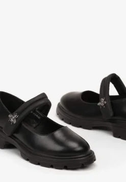 Czarne Półbuty na Płaskiej Podeszwie ze Skórzaną Wkładką i Metaliczną Aplikacją Evelora