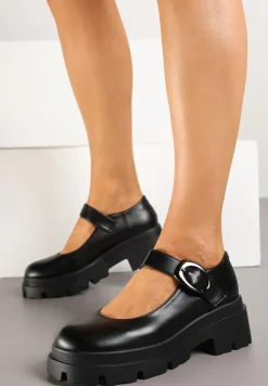 Czarne Półbuty na Platformie w Stylu Mary Jane Ozdobione Metaliczną Sprzączką Zinida