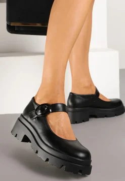 Czarne Półbuty na Platformie w Stylu Mary Jane Ozdobione Metaliczną Sprzączką Zinida