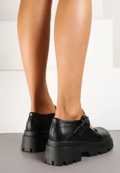 Czarne Półbuty na Platformie w Stylu Mary Jane Ozdobione Metaliczną Sprzączką Zinida