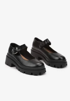 Czarne Półbuty na Platformie w Stylu Mary Jane Ozdobione Metaliczną Sprzączką Zinida