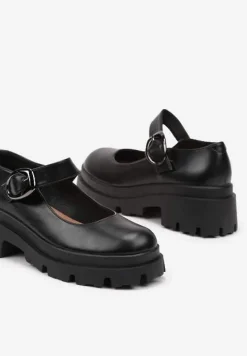 Czarne Półbuty na Platformie w Stylu Mary Jane Ozdobione Metaliczną Sprzączką Zinida