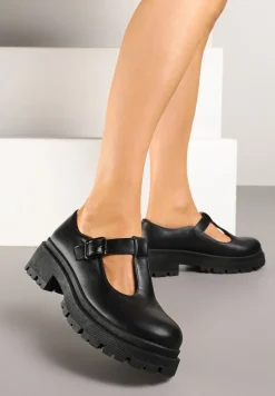 Czarne Półbuty na Platformie Ozdobionej Tłoczeniem ze Sprzączkami Vaiethina