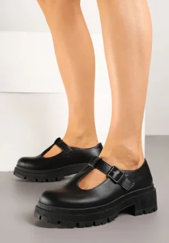Czarne Półbuty na Platformie Ozdobionej Tłoczeniem ze Sprzączkami Vaiethina